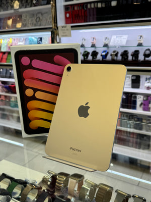 An Apple iPad mini standing upright on a display stand, with its retail box behind it in a retail store setting.