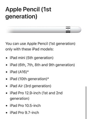 Apple Pencil (1st generation) with compatibility list for iPad models on a white background