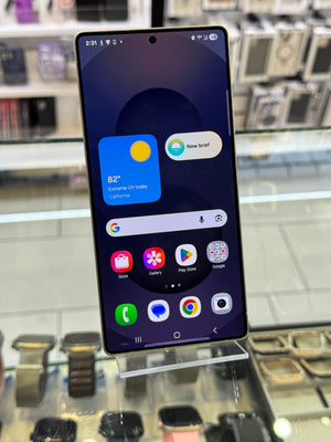 Samsung smartphone front screen displayed in a store setting