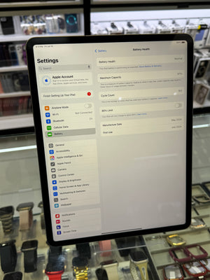 Apple iPad showing the front screen displaying the batter health menu