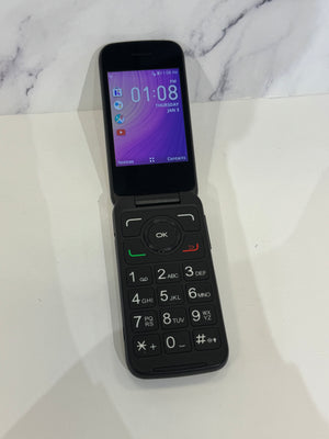 An open flip phone displaying the screen and black keyboard.  It is displayed on a white table top with a marble background. 