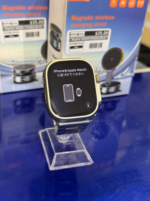 Smartwatch on display with a blue background
