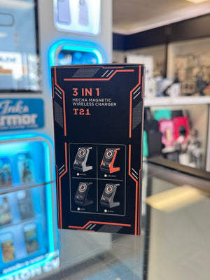 3-in-1 Mecha Magnetic Wireless Charger T21 packaging on a store shelf.