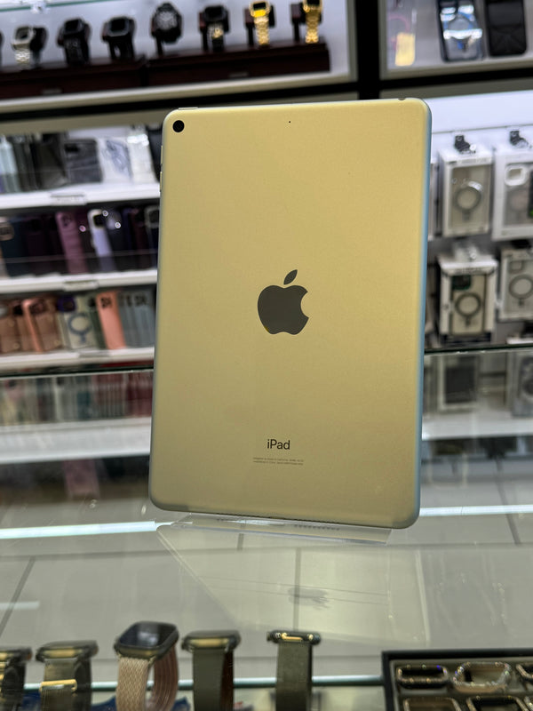 Gold iPad with Apple logo on a reflective surface in a store setting
