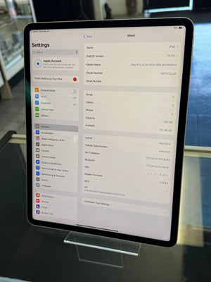 Display of an iPad with settings menu open on a stand
