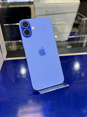 Blue smartphone on a stand with an Apple logo in a store setting
