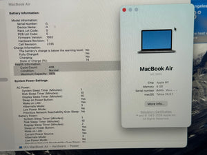 Technical specifications of a MacBook Air displayed on a screen