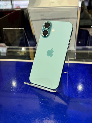 Green smartphone with Apple logo on a blue surface
