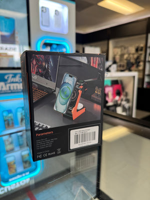 Product packaging with smartphone and accessories on a reflective surface, blurred store interior in the background