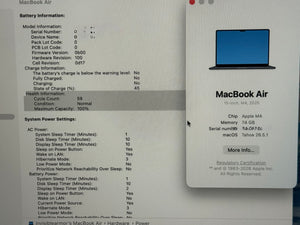 Technical specifications of a MacBook Air displayed on a screen