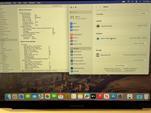 Computer screen displaying macOS settings with a cityscape wallpaper.