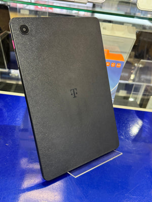 Black electronic device with a logo on a blue surface