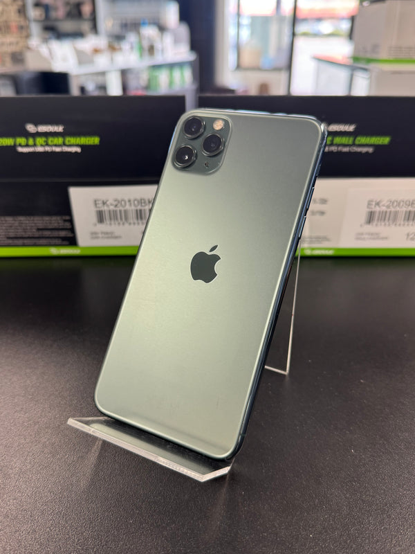 iPhone on a stand with blurred store background