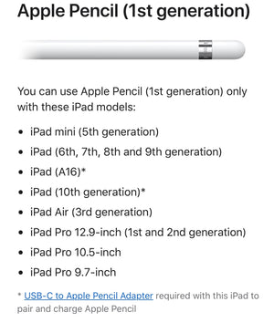 List of iPad models compatible with Apple Pencil (1st generation) on a white background