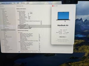 A screenshot of a macOS System Information window showing MacBook Air hardware details, alongside a promotional product card for a MacBook Air on a blurred mountain landscape background.