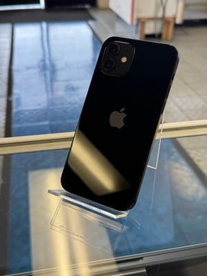 Black smartphone with Apple logo on a reflective surface