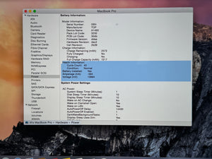 Computer screen displaying battery information for a MacBook Pro
