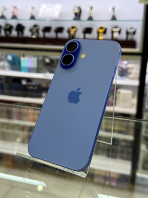 Blue smartphone with Apple logo on a reflective surface