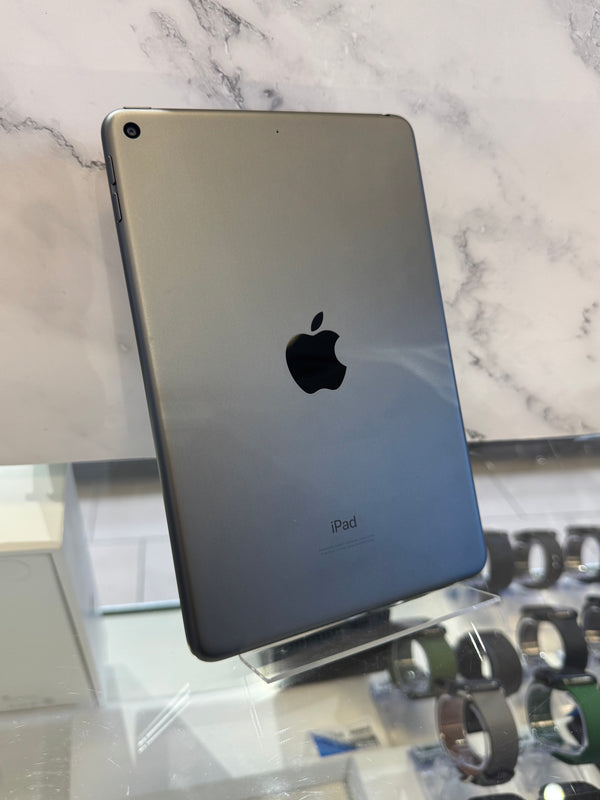 An Apple iPad with a dark gray metallic back, standing upright on a clear display stand inside a retail store.