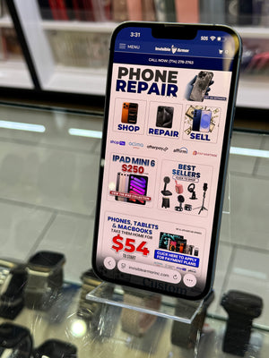 Phone repair app displayed on a smartphone screen with a blurred background