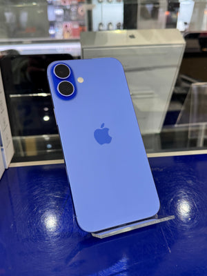 Blue smartphone with Apple logo on a reflective surface
