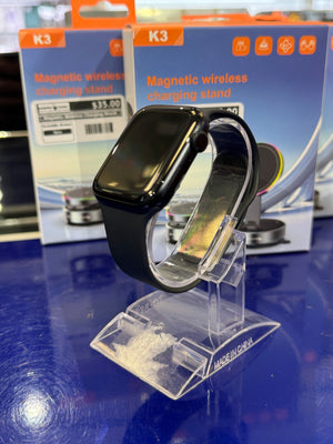 Black Apple watch on a stand with K3 magnetic wireless charging stand