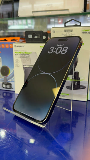 Smartphone on a stand with a blurred store background