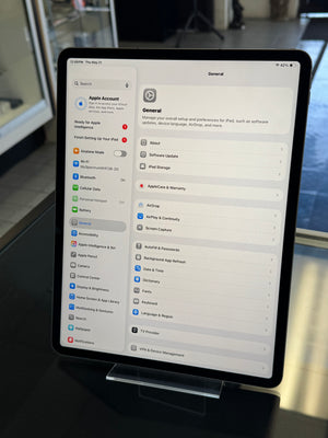 Tablet displaying a software interface with various options and settings.