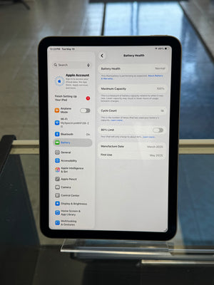 Tablet on a stand displaying battery health