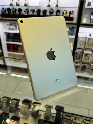 Back view of an Apple iPad with a blurred store interior in the background