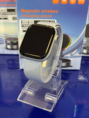 Smartwatch with a grey band on a stand