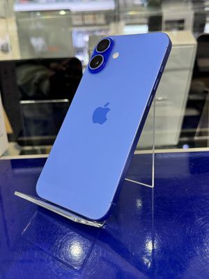 Blue smartphone with Apple logo on a reflective surface
