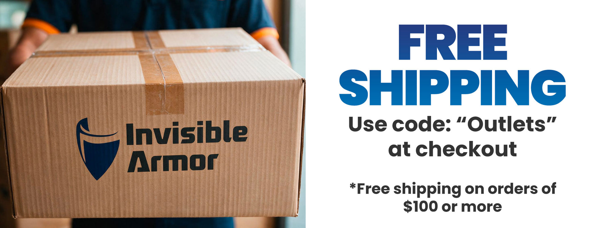 A cardboard shipping box with the Invisible Armor logo is shown on the left, with a person partially visible behind it. The right side has promotional text reading 'FREE SHIPPING' and 'Use code: Outlets at checkout'.