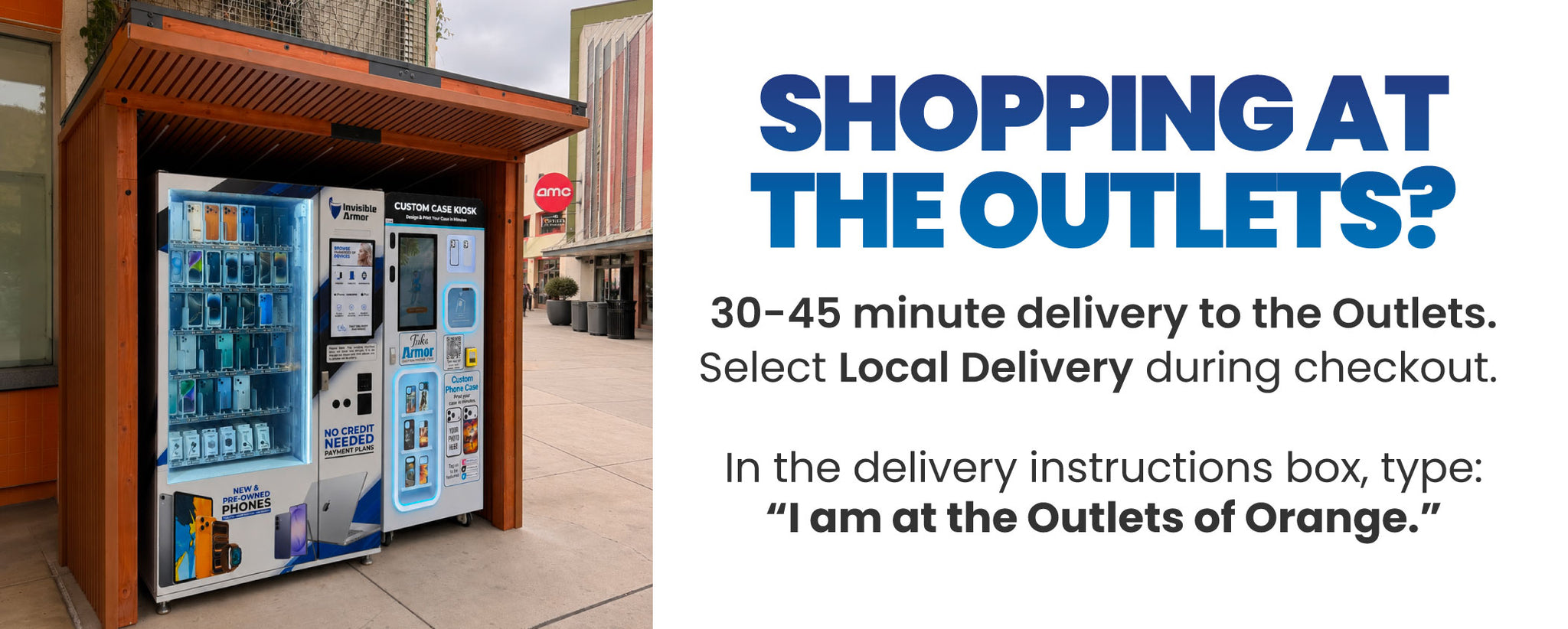 An advertisement for an Orange retail vending machine located in an outdoor shopping plaza. The left side shows the machine under a brown canopy, while the right side features a white panel with blue text reading 'SHOPPING AT THE OUTLETS?' and delivery instructions.