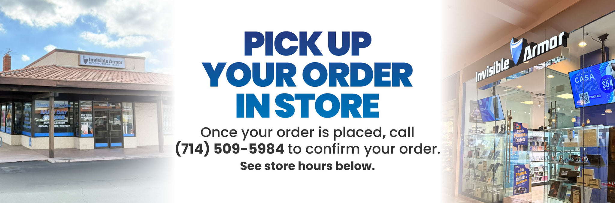 Promotional banner for a store pickup order service, featuring a small retail store on the left, large blue text reading 'PICK UP YOUR ORDER IN STORE' in the center, and a store interior on the right with 'Invisible Armor' signage.