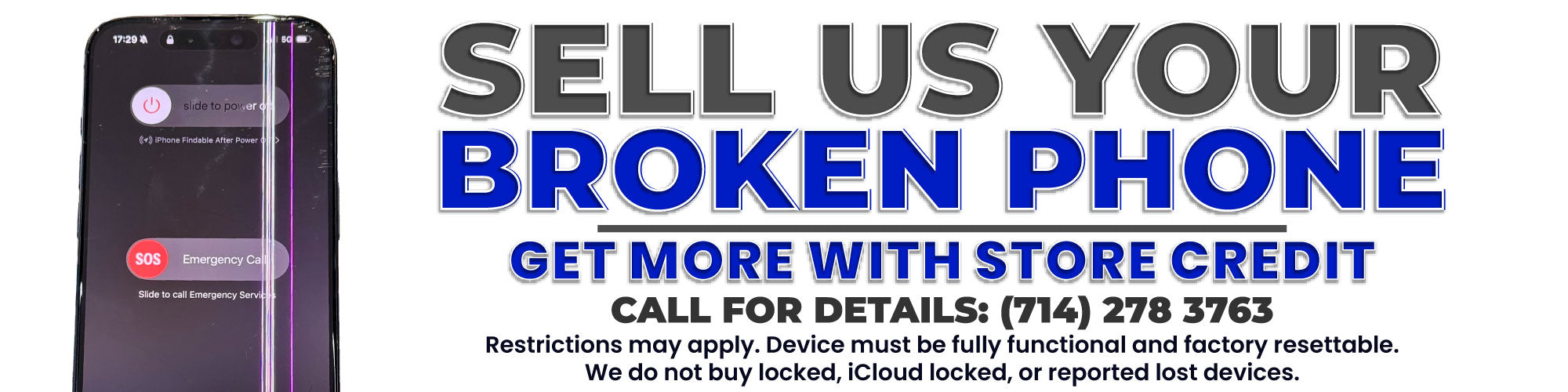 Promotional banner for a broken phone sales. On the left, a smartphone shows a cracked screen.